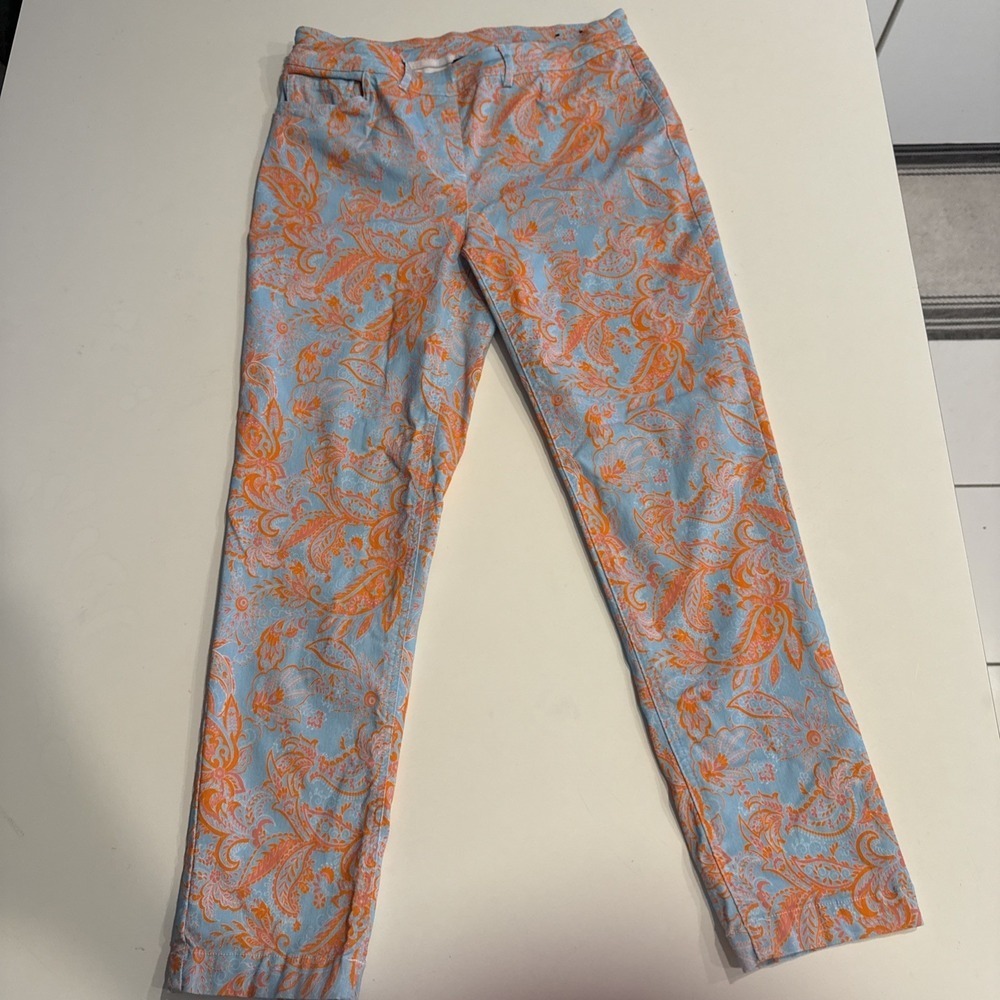 Slim-Sation women's Blue Orange Paisley Pants Size 8 Stretch Pull On Slimming